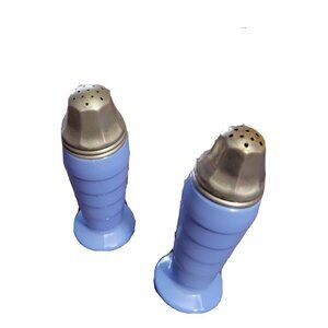 Hazel Atlas Glass Platonite Panel Moderntone Salt Pepper Powder Blue 1930s Vtg